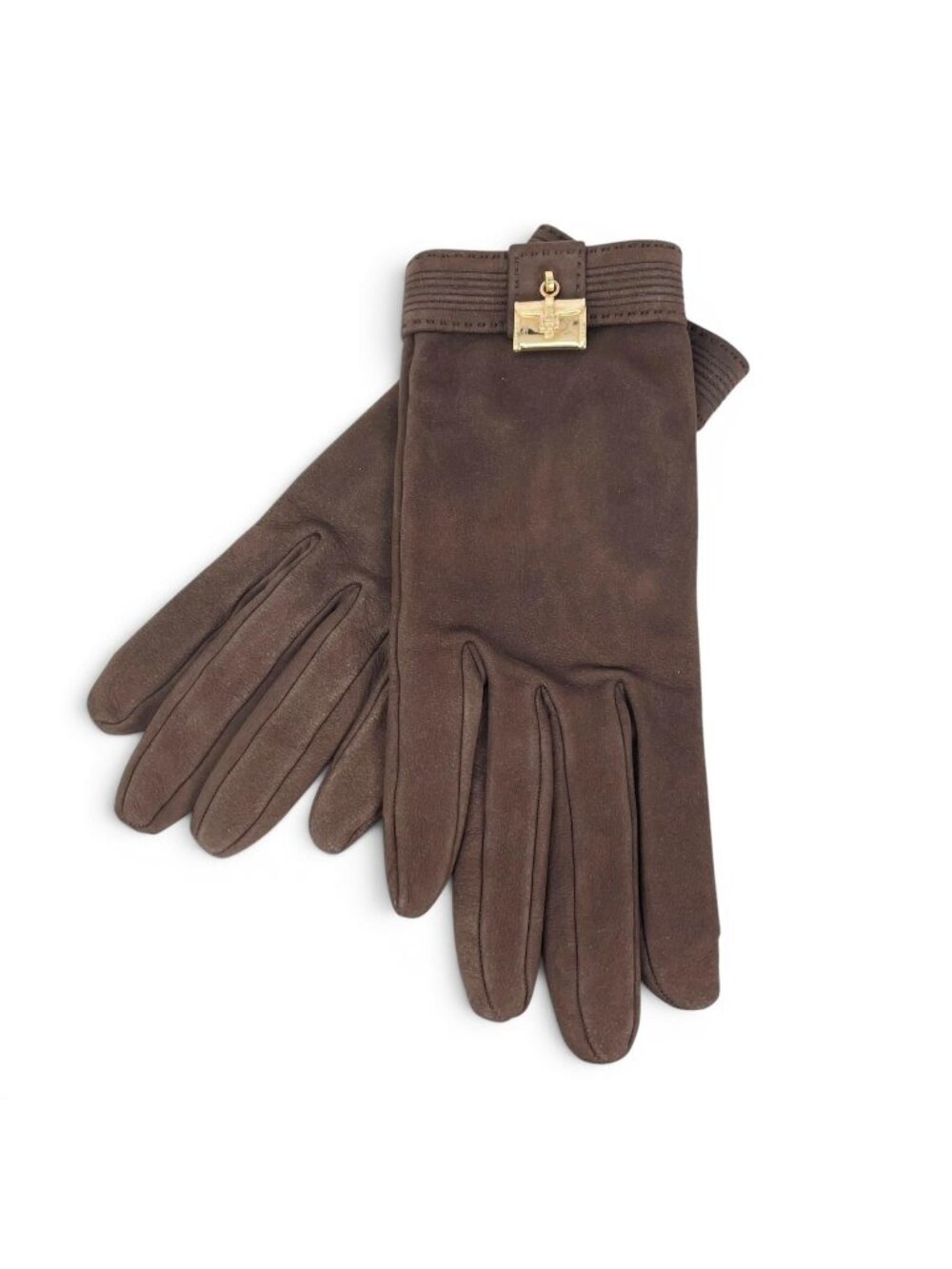 Hermes Bolide Jige Charm Nubuck Leather Gloves Brown Gold 7.5 French